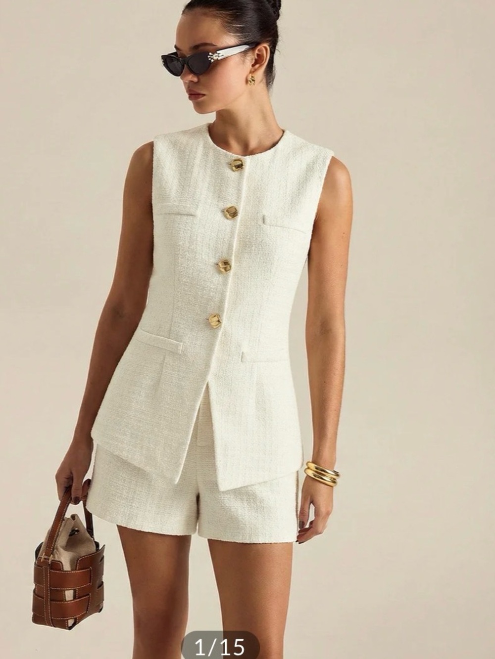 NWT commense Sleeveless Ivory Tweed Button Front Vest